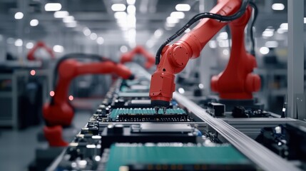 Fototapeta premium A factory assembly line with robotic arms assembling electronic devices, robotic assembly, automated production