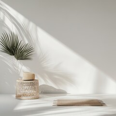 Bamboo basket on white wall background with palm leaf shadow. 3d render