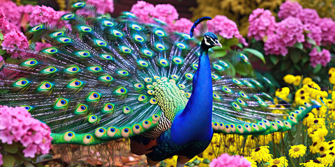 A regal peacock displaying its iridescent blue and green tail feathers amidst a garden of vibrant pink and yellow flowers.