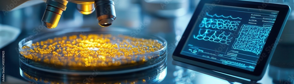 Poster close-up of laboratory microscope overlooking a petri dish with glowing samples, accompanied by a di