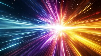 Explosive rays of light burst from a central point, creating an energetic and dynamic composition. The vibrant colors and intense motion give the image a feeling of power and excitement