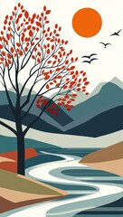Abstract landscape with a tree featuring red leaves and an orange sun in the sky