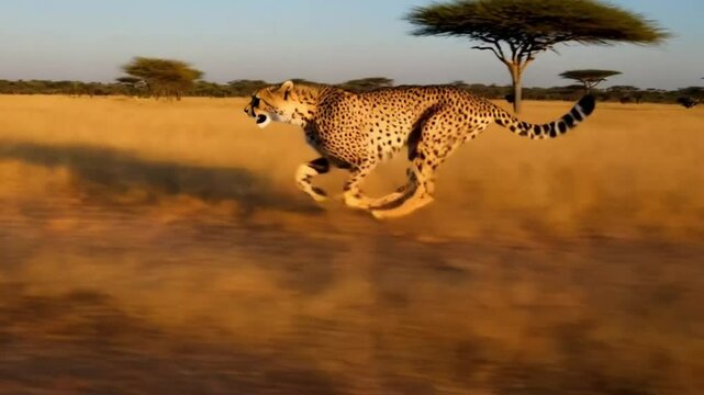 "Dynamic low-angle shot of a sleek cheetah sprinting at full speed across the savanna."