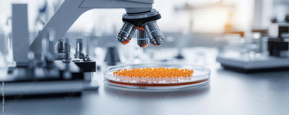 Poster close-up view of a microscope analyzing a petri dish filled with orange samples in a modern laborato