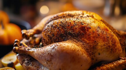 A roasted turkey with a spiced rub, creating a deep, flavorful crust on the Thanksgiving centerpiece.