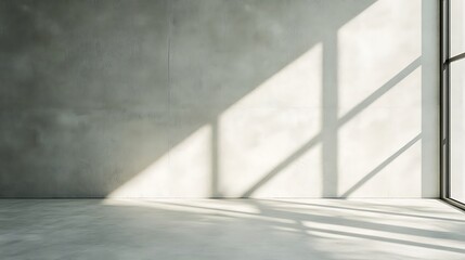 Obraz premium Sunlight streams through a large window onto a blank concrete wall in a minimalist room, creating long shadows.