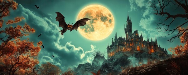 Fototapeta premium A mysterious, spooky castle silhouetted against a full moon and a flying bat.