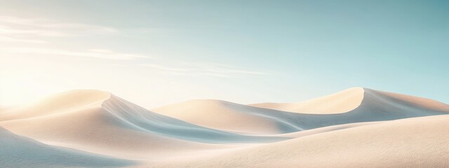 Serene Desert Dunes, Soft undulating sand forms under a pristine sky, embodying minimalist elegance and tranquility in a vast landscape.