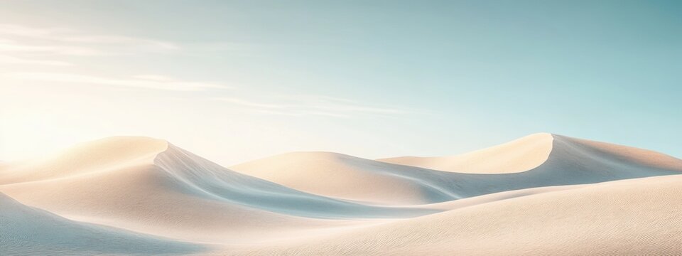Serene Desert Dunes, Soft undulating sand forms under a pristine sky, embodying minimalist elegance and tranquility in a vast landscape.