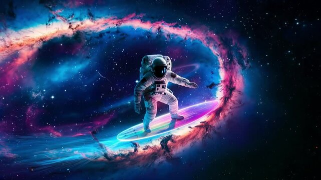 Astronaut Surfing Cosmic Wave in Space