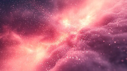 A vibrant cosmic scene filled with swirling pink and purple hues, showcasing a nebula-like formation scattered with sparkling particles.