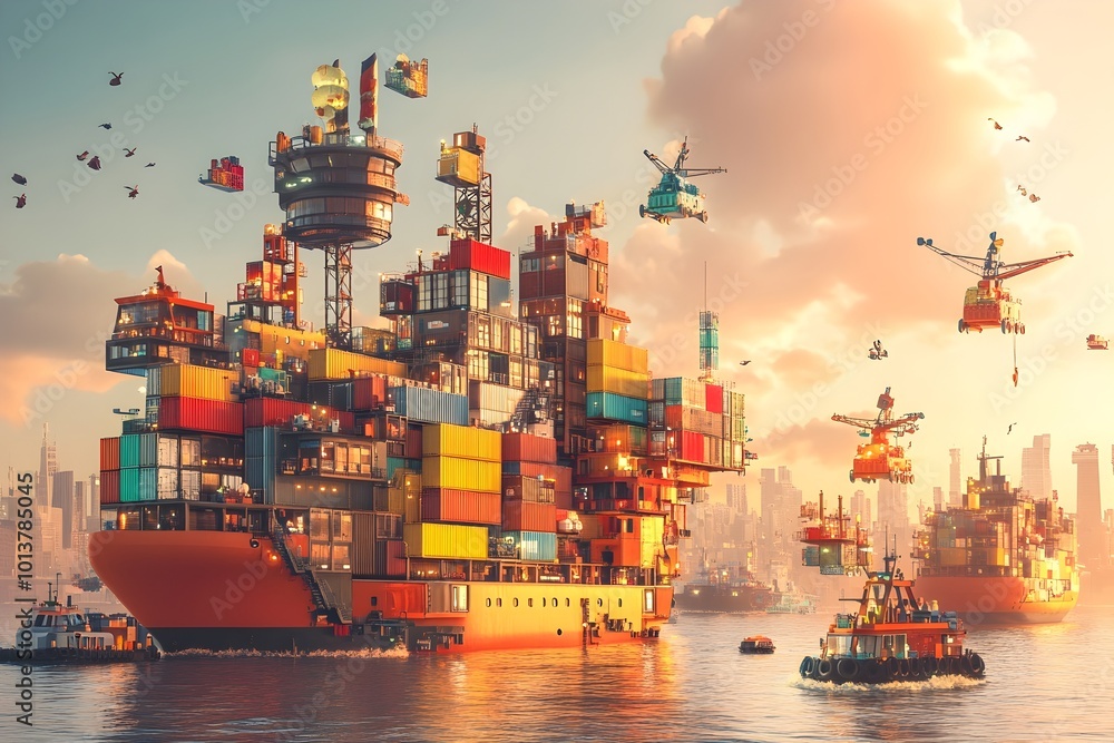 Poster cutting edge cargo container transport ships modular reconfigurable designs with autonomous guidance