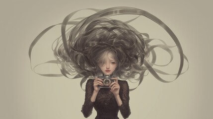 Fototapeta premium Retro-Inspired Portrait of a Girl Photographer with Film Strips in Stylized Art