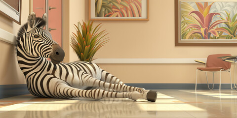 A graceful zebra's striped legs resting on the clinic floor, contrasting with the neutral beige color scheme.