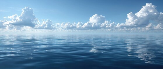Calm ocean water with a blue sky and white puffy clouds.