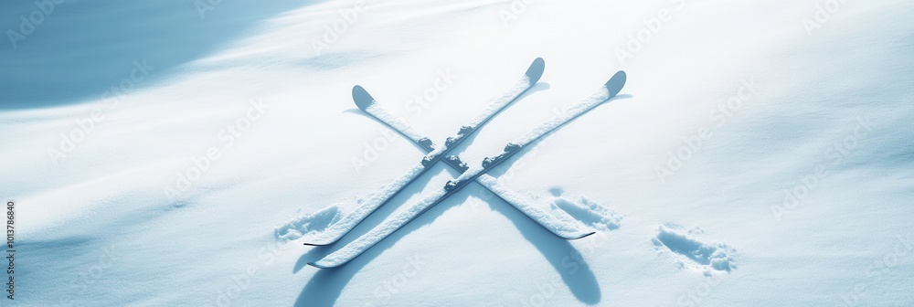 Poster Crossed skis rest against a sparkling snowy backdrop, showcasing a beautiful winter day ready for skiing adventures. Generative AI