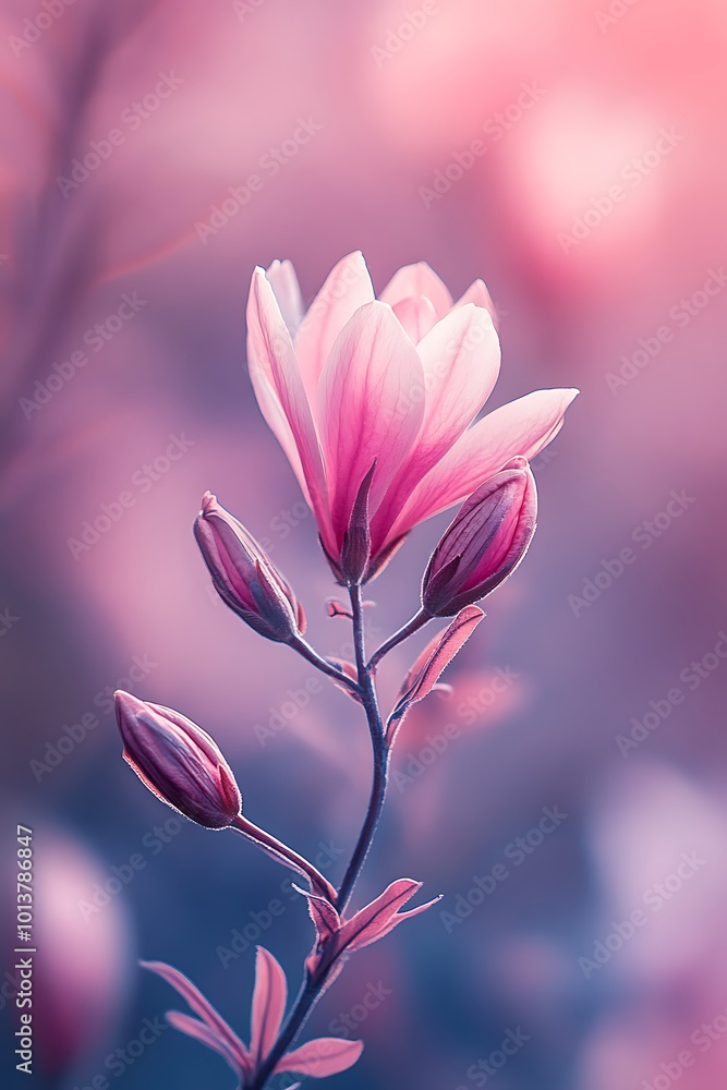 Wall mural Pink magnolia flower blooming in spring with soft, dreamy bokeh background.