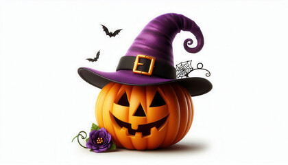 Halloween pumpkin with purple witch hat on white background