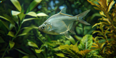 A shimmering silver fish swimming in a tank at an aquarium vet's office, surrounded by lush greenery.