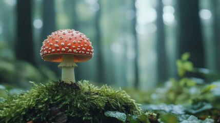 A single red and white spotted mushroom grows on a bed of moss in a misty forest.