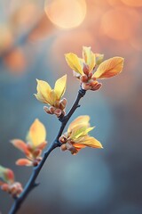 Closeup of delicate yellow flower buds blooming on a branch with a soft, blurred background.