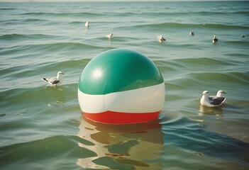 Colorful beach ball with red, white, blue, yellow, and green panels