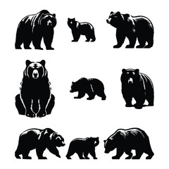 create  black silhouette grizzly victor set  with white background 