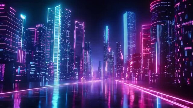 Neon Lights Glowing in a Futuristic Cityscape at Night with High-Rise Buildings