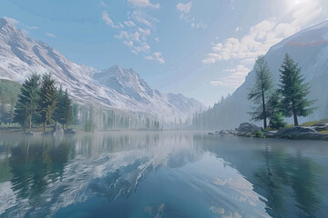 An interactive VR experience of a mountain lake, with realistic reflections and lifelike natural sounds