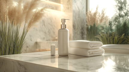 A white pump bottle of soap sits on a marble counter next to two white towels in a modern bathroom.
