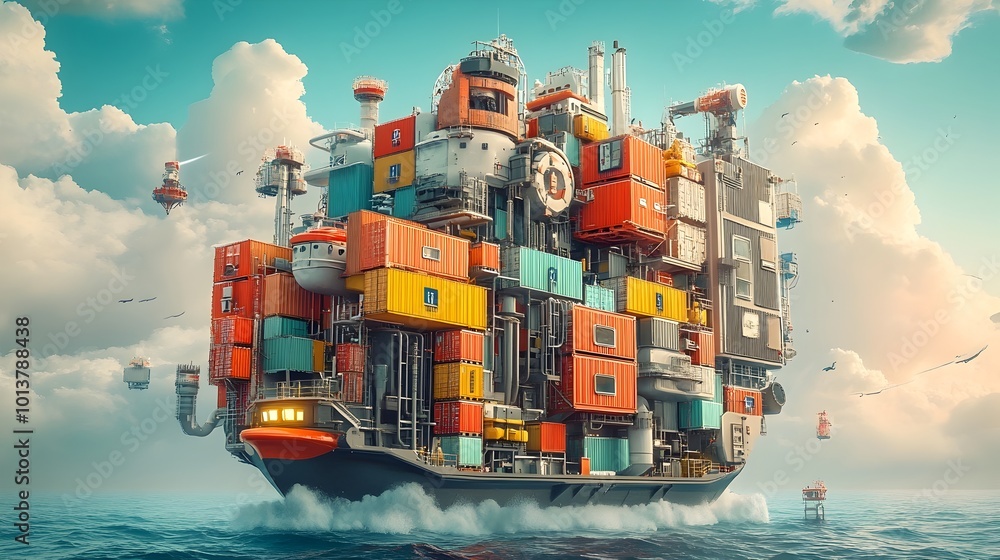 Aufkleber futuristic depicting a highly advanced cargo container vessel with intricate metallic frameworks str