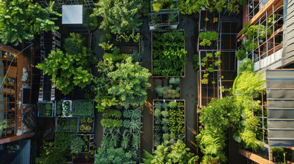 An urban farm landscape with edible plants, vertical growing systems, and spaces for community gardening
