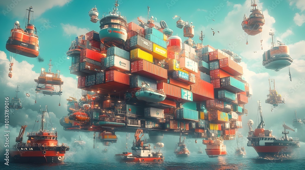 Poster pioneering cargo container vessels utilize cutting edge technology to elevate and visualize global l