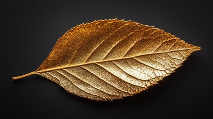 A single, golden leaf rests on a black background, showcasing its intricate veins and textured surface.