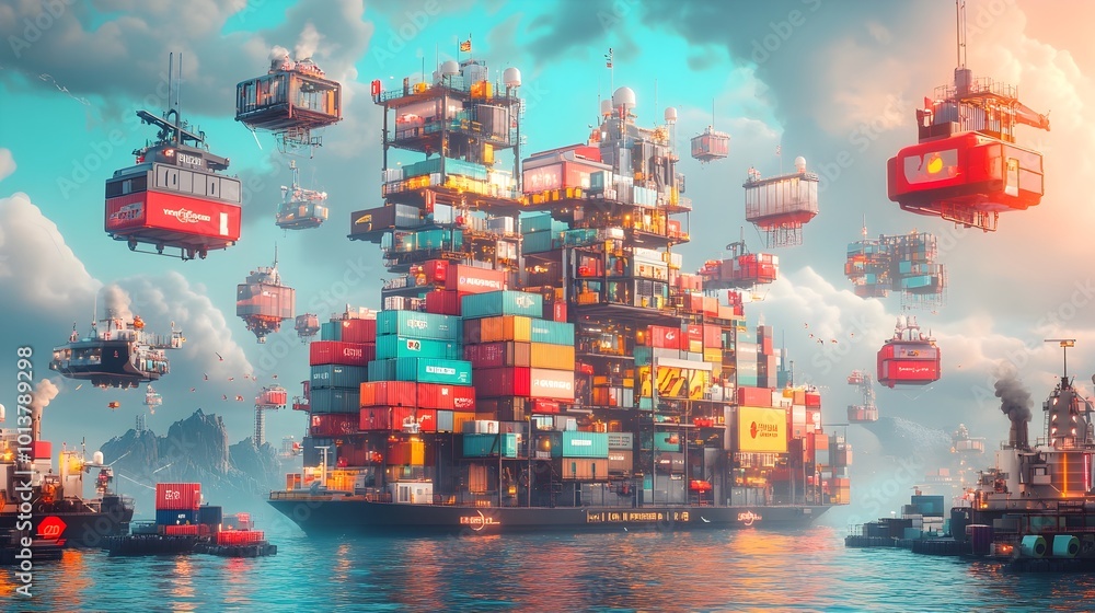 Poster pioneering cargo container vessels deploy cutting edge technology to elevate global logistics visual