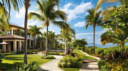 Fototapeta premium A beachfront luxury hotel with landscaped gardens, tall palms, and private cabanas, offering a tropical paradise