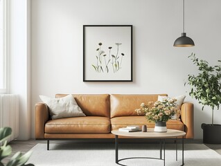 A bright living room showcasing a leather sofa with botanical art print, complementing plush plants and soothing natural light.