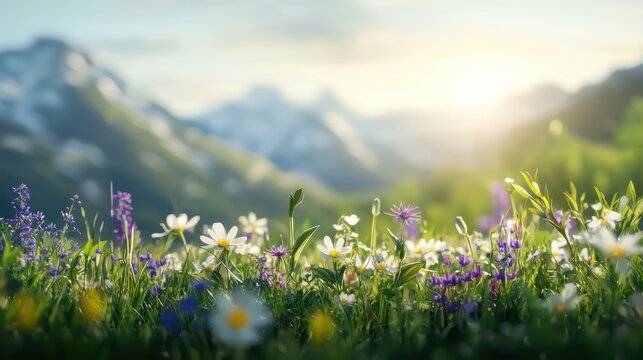 Serene wildflower meadow at sunrise in the mountains