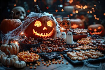 Halloween background with pumpkins, cookies and candy on wooden table