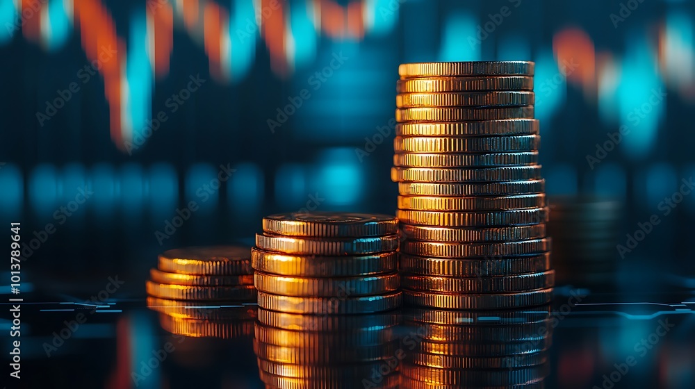 Poster a stack of shiny coins reflects market trends, symbolizing wealth and financial growth against a blu