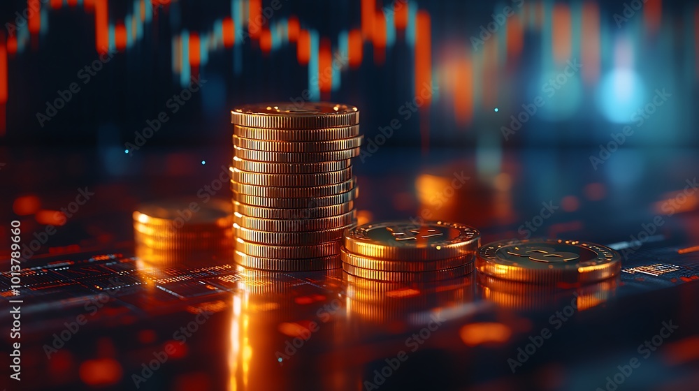 Poster A close-up of golden coins stacked strategically, with a backdrop of fluctuating stock market graphs, symbolizing wealth and investment.