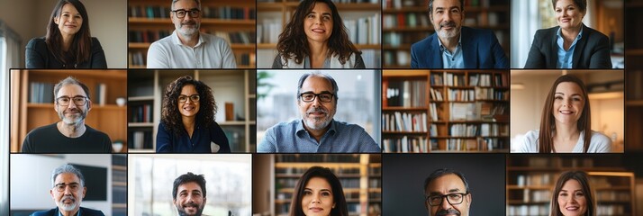 A collection of smiling professionals engaged in a virtual meeting, showcasing diverse expressions and backgrounds within a bright workspace. Generative AI