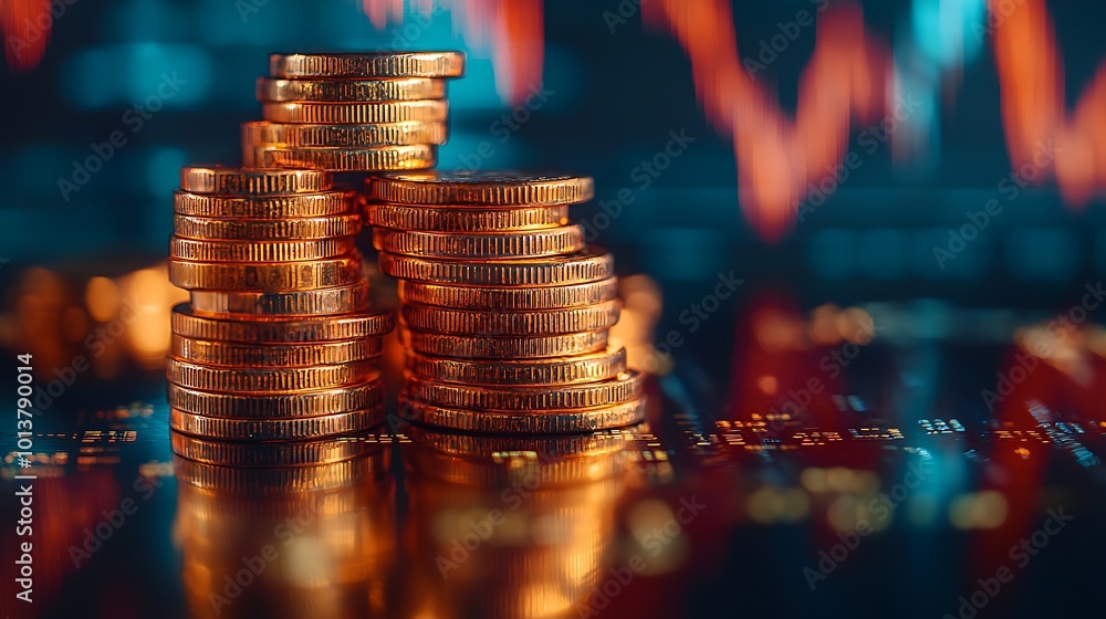 Aufkleber a close-up of stacked golden coins against a backdrop of fluctuating financial graphs, symbolizing i