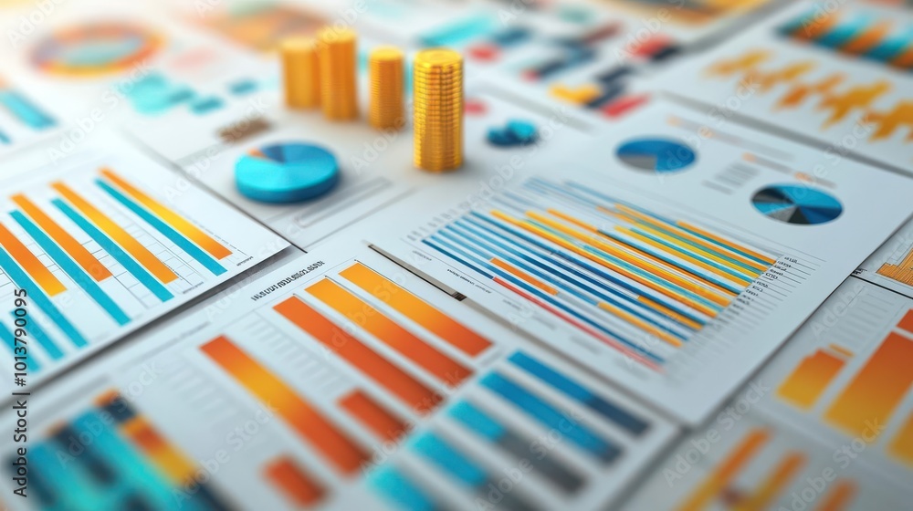 Poster colorful business charts and graphs showcasing data analysis on a table. perfect for presentations a
