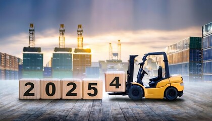 Forklift carrying wooden block forming "2025" in an industrial setting.