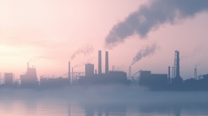 Minimalist industrial skyline featuring streamlined factories, prominent smokestacks, and a clean, modern aesthetic.