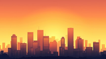 Urban skyline at sunset with vibrant orange hues