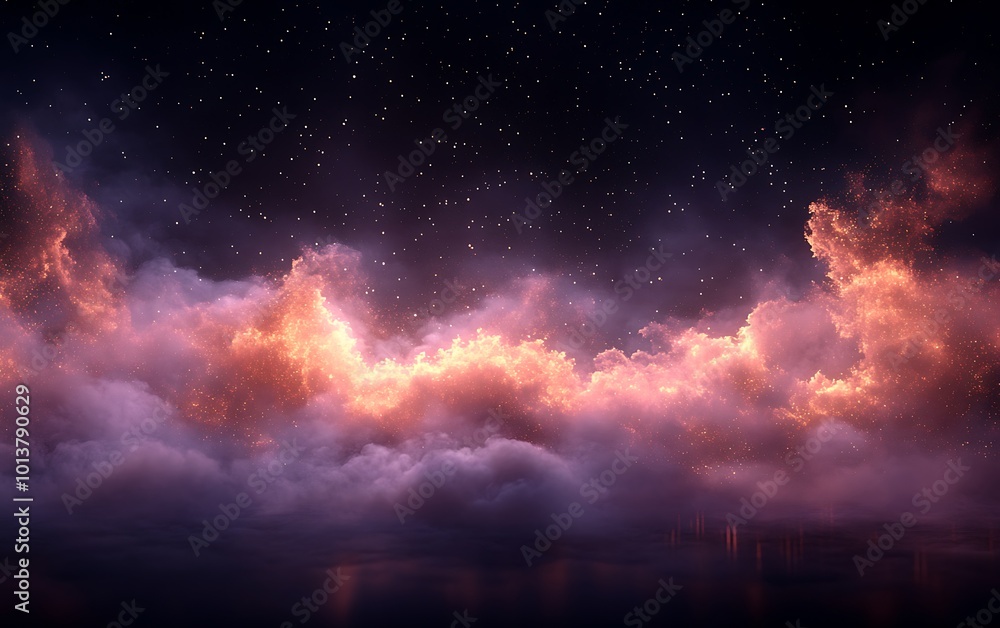 Aufkleber a serene night sky filled with colorful clouds and twinkling stars reflecting on a calm surface.