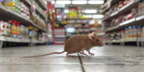 A small brown mouse scurrying across the floor of a pet shop, its furry tail twitching.