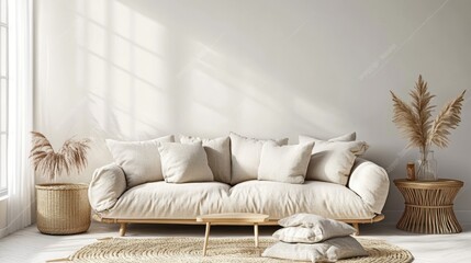 A cozy living room featuring soft beige sofas, warm lighting, and natural textures for a serene minimalist atmosphere